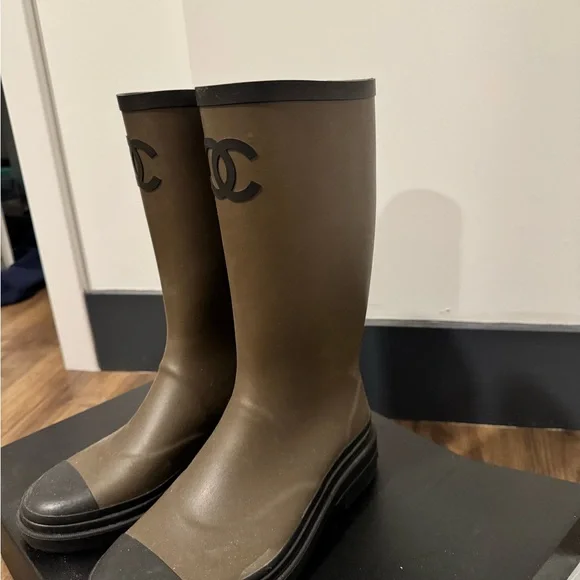CHANEL Olive Rubber Boots with Black Trim
